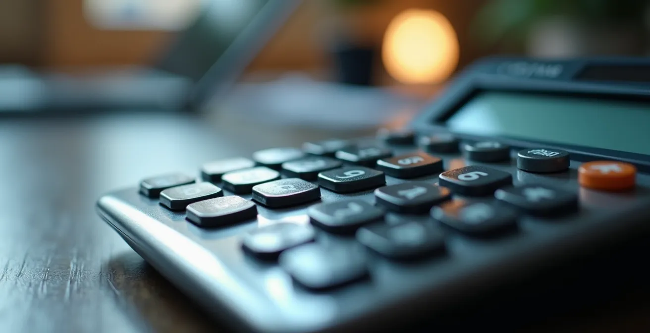 Vue macro d'une calculatrice avec reflets métalliques et textures détaillées