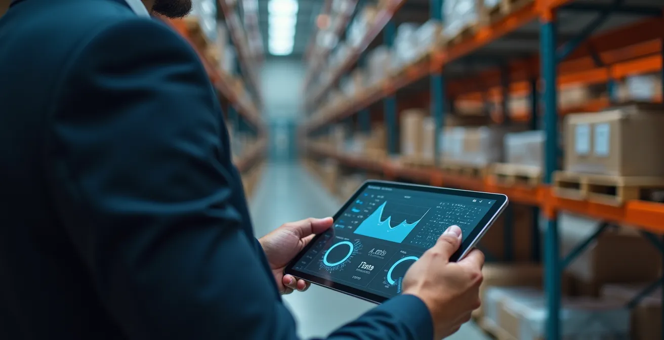 Professionnel analysant des données de stock sur tablette dans un entrepôt moderne