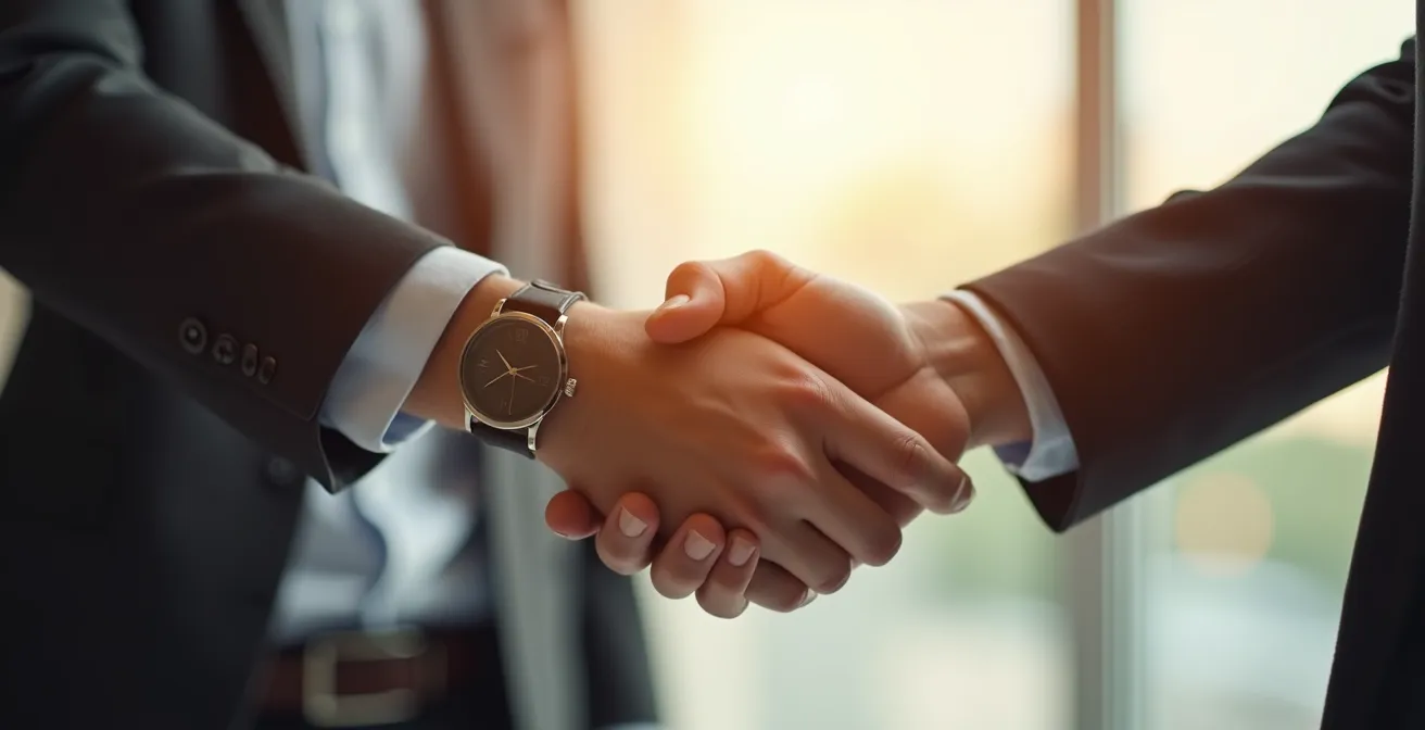 Poignée de main professionnelle symbolisant partenariat et confiance