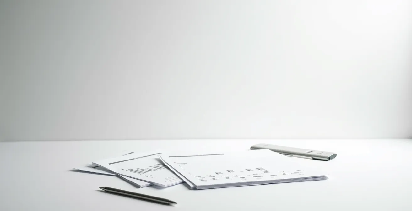 Espace de travail épuré avec documents d'analyse disposés géométriquement