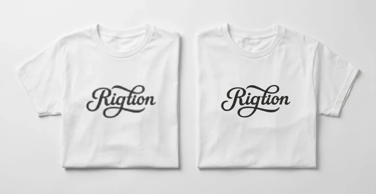 Comparaison de deux t-shirts blancs imprimés côte à côte : l'un avec impression pixellisée floue, l'autre avec impression haute définition nette et détaillée