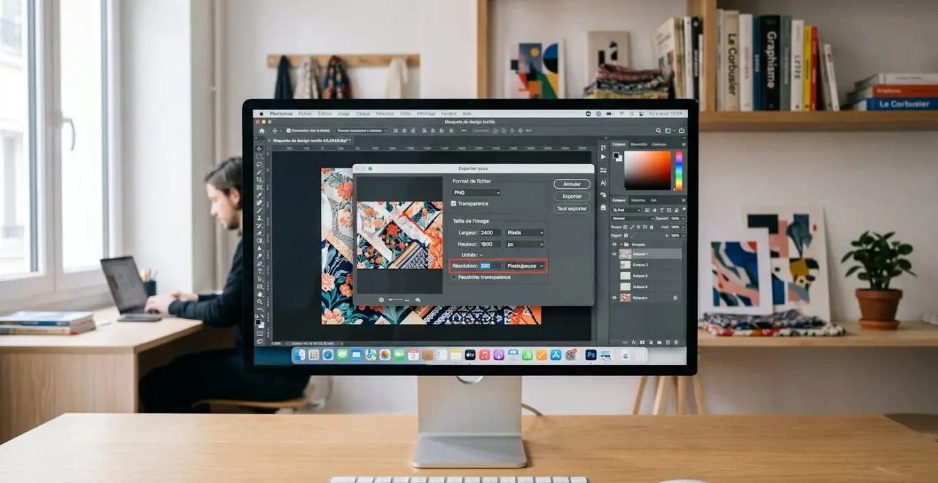Écran d'ordinateur affichant l'interface Adobe Photoshop avec fenêtre d'export ouverte montrant paramètres de résolution 300 DPI et format PNG avec transparence activée