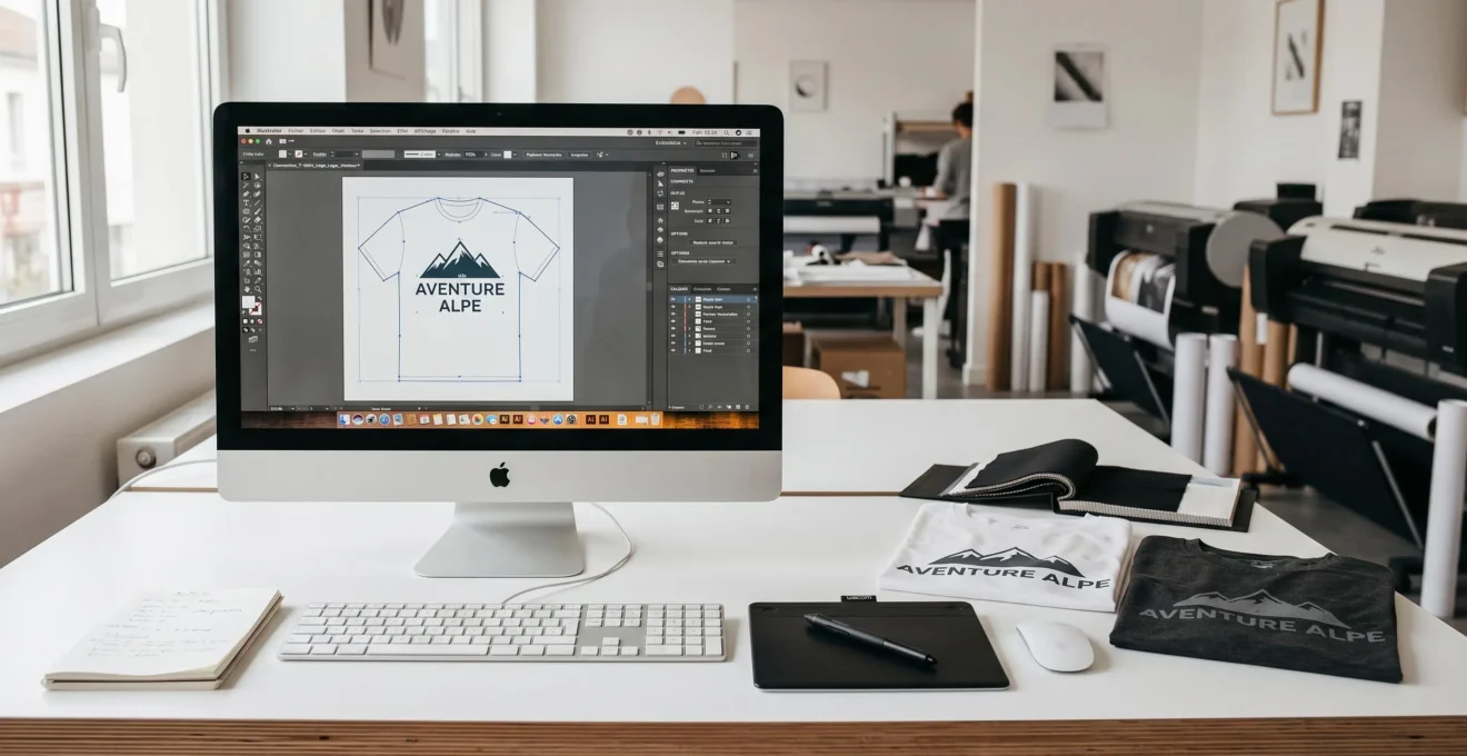 Poste de travail graphique professionnel avec écran affichant Adobe Illustrator ouvert sur un design de t-shirt, tablette graphique et échantillons de textiles imprimés sur bureau contemporain éclairé par lumière naturelle