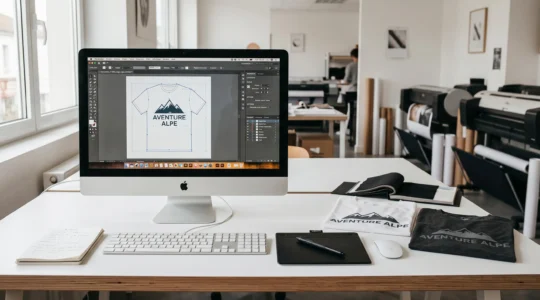 Poste de travail graphique professionnel avec écran affichant Adobe Illustrator ouvert sur un design de t-shirt, tablette graphique et échantillons de textiles imprimés sur bureau contemporain éclairé par lumière naturelle