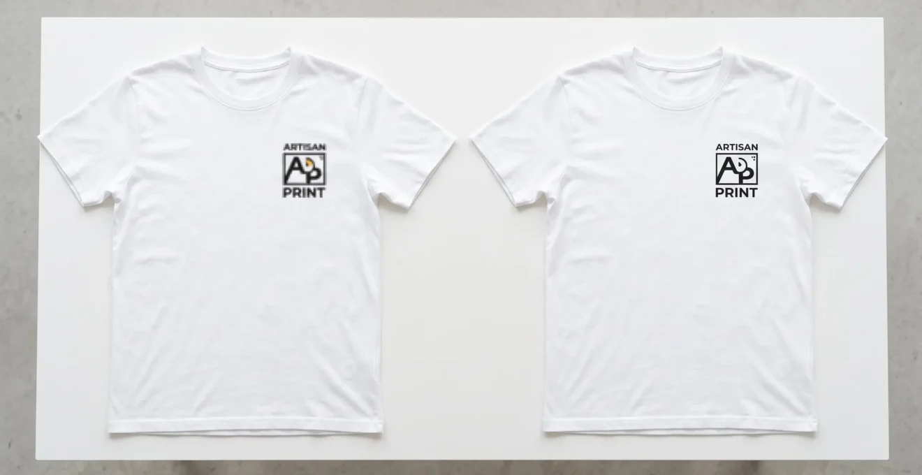 Comparaison de deux t-shirts blancs imprimés côte à côte : l'un avec impression pixellisée floue, l'autre avec impression haute définition nette et détaillée