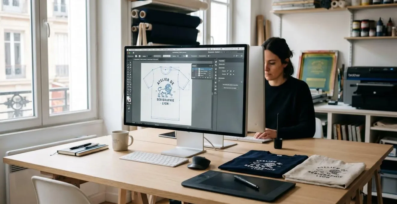 Poste de travail graphique professionnel avec écran affichant Adobe Illustrator ouvert sur un design de t-shirt, tablette graphique et échantillons de textiles imprimés sur bureau contemporain éclairé par lumière naturelle