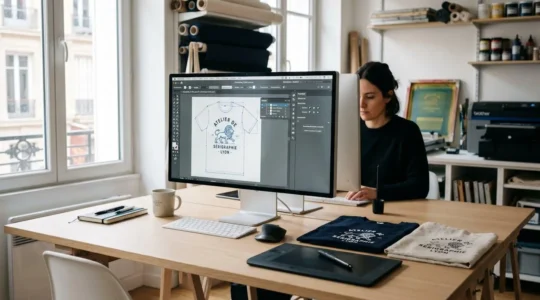 Poste de travail graphique professionnel avec écran affichant Adobe Illustrator ouvert sur un design de t-shirt, tablette graphique et échantillons de textiles imprimés sur bureau contemporain éclairé par lumière naturelle